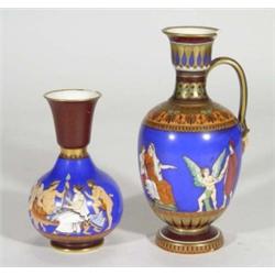 Victorian pottery single handled vase and a matching vase, hand coloured and transfer printed with '