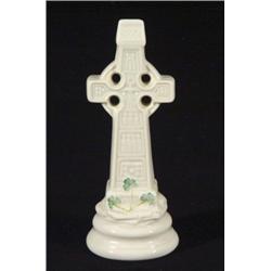 Belleek porcelain cross, hand painted with clover leaves, marks to base, 20cm high