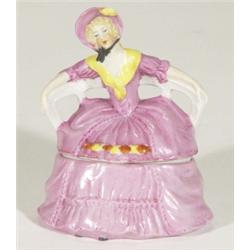 Hand painted porcelain crinoline lady trinket box, 10cm high