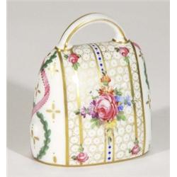 Dresden porcelain table bell, hand painted with panels of flowers onto a gilt ground, marks to base,