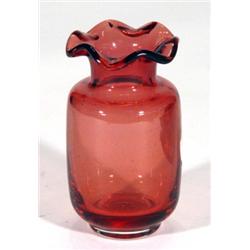 Cranberry glass vase with frilled neck, 14cm high