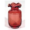 Cranberry glass vase with frilled neck, 14cm high