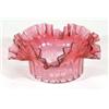 Cranberry glass bowl with fluted and frilled edge, 16cm diameter