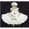 Hand painted Continental porcelain shell shaped dish, modelled with a frog in a maid's uniform, 10cm