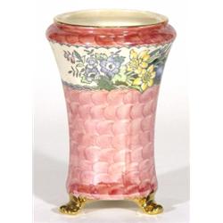 Three footed Maling vase, hand painted with a band of flowers onto a pink lustre ground, marks to ba