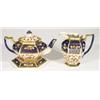 Victorian pottery teapot on stand and hot water pot, hand painted and gilded with Imari style patter