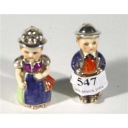 Handpainted Goebels boy and girl salt and pepper pots, marks to bases, 7cm high