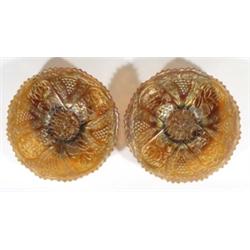 Two purple and orange Carnival glass plates, moulded with leaves and berries, 25cm diameter each