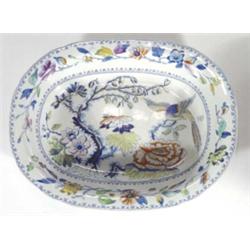 Davenport stone china serving dish, hand coloured and transfer printed with a peacock amongst flower
