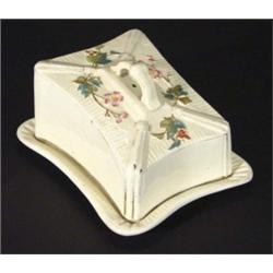 Victorian pottery cheese dish and cover, relief moulded and hand painted with flowers, leaves and be