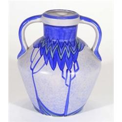 Art deco Phoenixware vase, hand painted with blue stylised trees onto a mottled ground, marks to bas