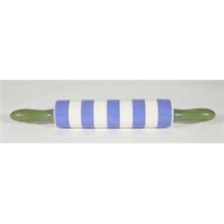 Blue banded T.G. Green Cornishware rolling pin with green painted wooden handle, marks to side, 46cm