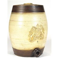 Large 19th century stoneware barrel, relief moulded with an amorial crest, 36cm high