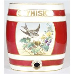 Victorian pottery Scotch Whiskey barrel and lid, hand coloured and transfer printed with an Aestheti