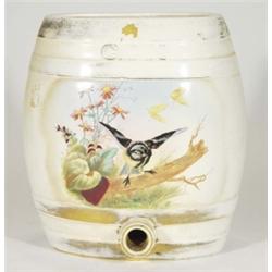 Set of three Victorian advertising pottery spirit barrels - rum, whiskey and gin, hand coloured and