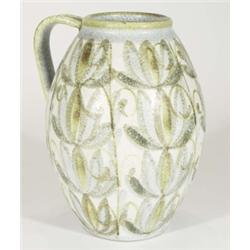 Large Bourne Denby stoneware jug, hand painted with leaves, marks and Glyn Colledge signature to bas