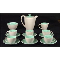 Poole pottery Twintone six place coffee service decorated in a turquoise and seagull grey glaze