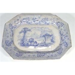 Victorian rectangular meat plate, transfer printed with a blue and white scene of figures and oxen b