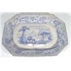 Victorian rectangular meat plate, transfer printed with a blue and white scene of figures and oxen b