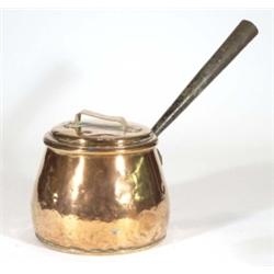 19th century iron handled copper saucepan and lid, 23cm high