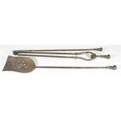 19th century pierced iron coal shovel, tongs and a poker