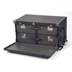 Edwardian black leather lockable car trunk with twin suitcase interior with leather straps by Orderl