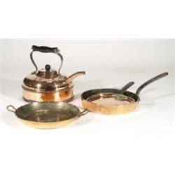 Copper Linaglo Heatmaster kettle an iron handled copper pan, a tray and a lid