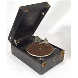 Black leather cased portable HMV gramophone 'The Chromed Arm'