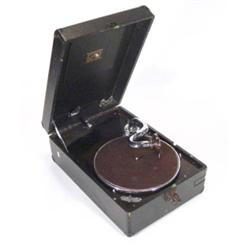Black leather cased portable Mayfair Deluxe gramophone