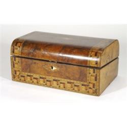 Mother-of-pearl and cube inlaid Victorian burr walnut writing slope with tooled leather insert, date