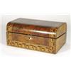 Image 1 : Mother-of-pearl and cube inlaid Victorian burr walnut writing slope with tooled leather insert, date