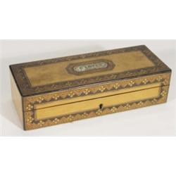 Rectangular mother-of-pearl inlaid Sorrentoware and olive wood glovebox, 27cm in length