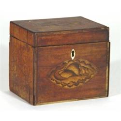 19th century shell inlaid mahogany tea caddy (for restoration), 12cm high
