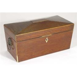 Victorian sarcophagus shaped sewing box with lion mask handles, 36cm in length