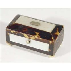 Small rectangular mother-of-pearl inlaid and tortoiseshell box on ivory bun feet, 7cm in length