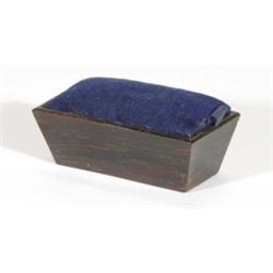 Victorian rosewood sarcophagus shaped blue velvet pincushion, 8cm in length