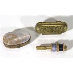 Brass cotton holder and a shell and brass sewing purse