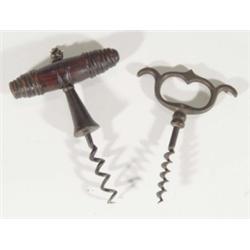 Turned rosewood handled corkscrew and a metal handled corkscrew