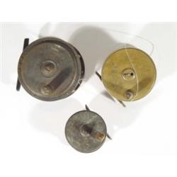 Brass A & ACPL patent fishing reel, an Enught & Sons Castleconnell brass fishing reel and one other