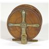 Turned mahogany and brass fishing reel, 10cm diameter