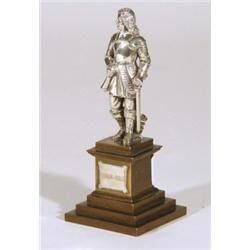 Silver plated figure of an 18th century style cavalier on a bronze base entitled 'Niels Juel', 17cm