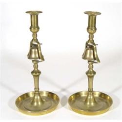 Pair of Victorian brass table bell candlesticks, 34cm high