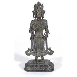 Indian bronze figurine in a beaded dress, 28cm high