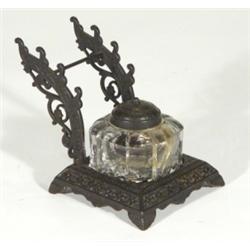 Indian metal deskstand with moulded glass inkwell