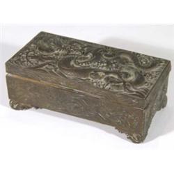 Rectangular Japanese white metal box cast with dragons, 18cm in length
