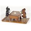 Image 1 : Oak cigarette box, modelled as two dogs with glass eyes playing cards at a table, 25cm in length