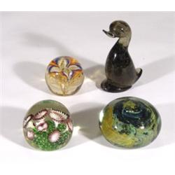 Medina glass paperweight, Wedgwood duck weight, floral weight and one other, largest 10cm diameter