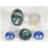 Image 1 : Two blue iridescent glass paperweights, a Guernsey Studio weight and two others, largest 11cm high