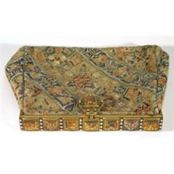 Tapestry work clutch bag with painted brass clasp depicting oriental figures