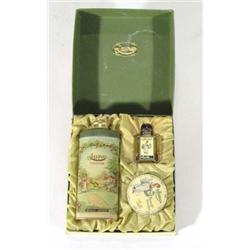 Boxed Edwardian June Saville London gift set, comprising a tin talcum powder bottle, beauty powder b